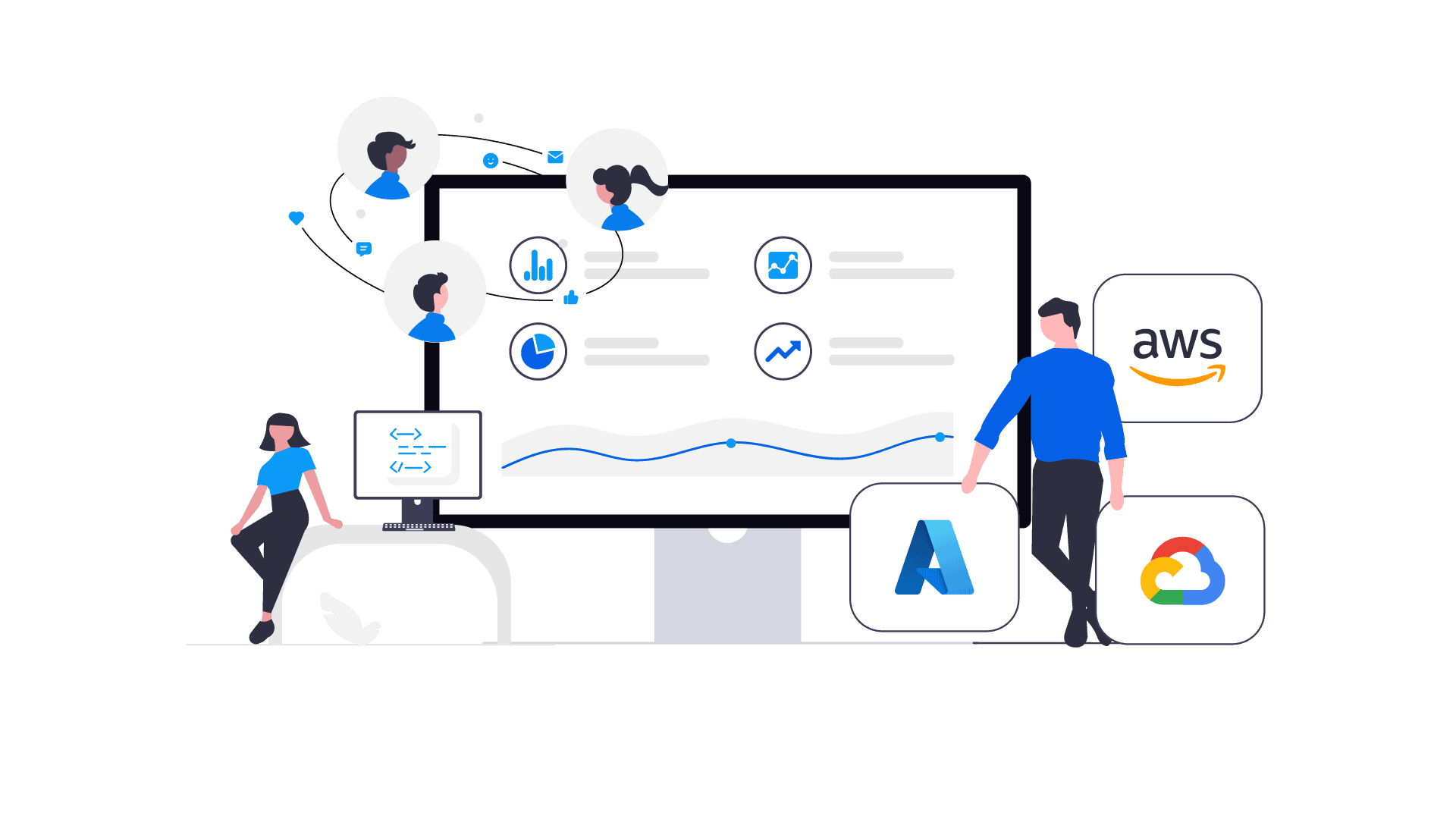 Illustration of business professionals using cloud and ERP technology with AWS, Azure, and Google Cloud icons – representing MC Technologies’ integrated IT and software solutions.