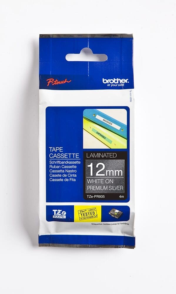 Brother TZe-PR935 12mm White on Premium Silver Tape 4m
